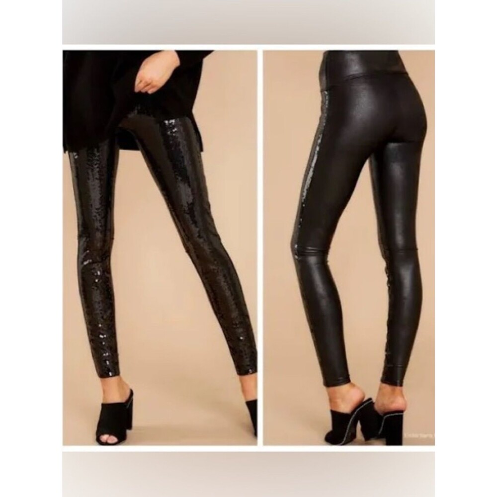 SPANX Faux Leather & Sequin Leggings Women's XL Black Pull On Shaping Party Pant